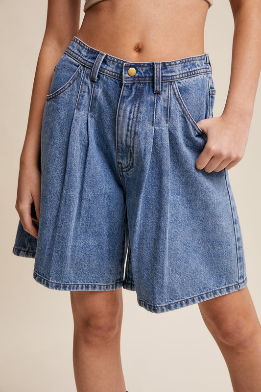 Pleated High-rise Denim Shorts