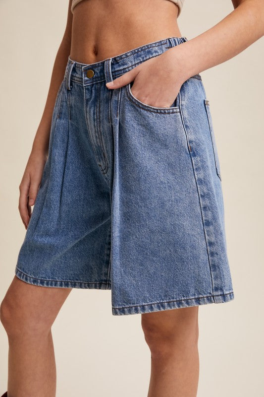 Pleated High-rise Denim Shorts