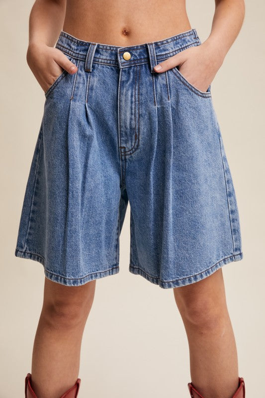 Pleated High-rise Denim Shorts