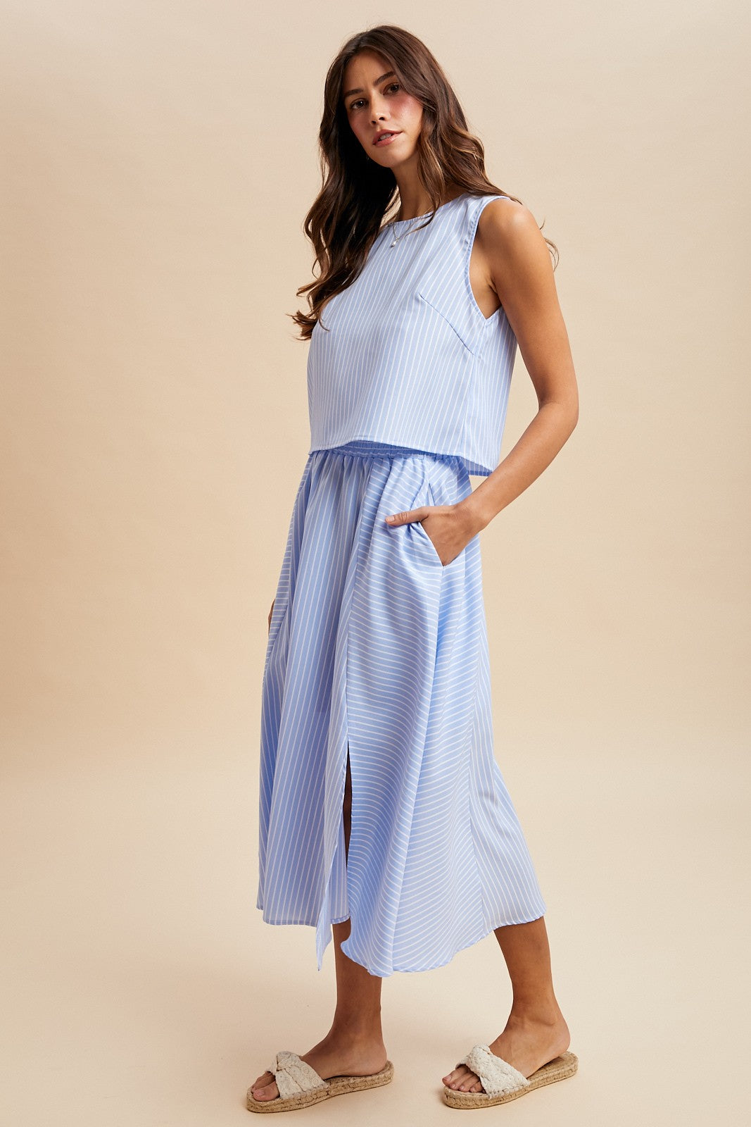 Stripe Sleeveless Top & Front Slit Midi Skirt Set (Sold Separately)
