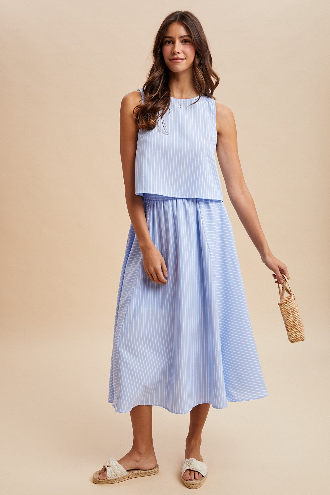 Stripe Sleeveless Top & Front Slit Midi Skirt Set (Sold Separately)