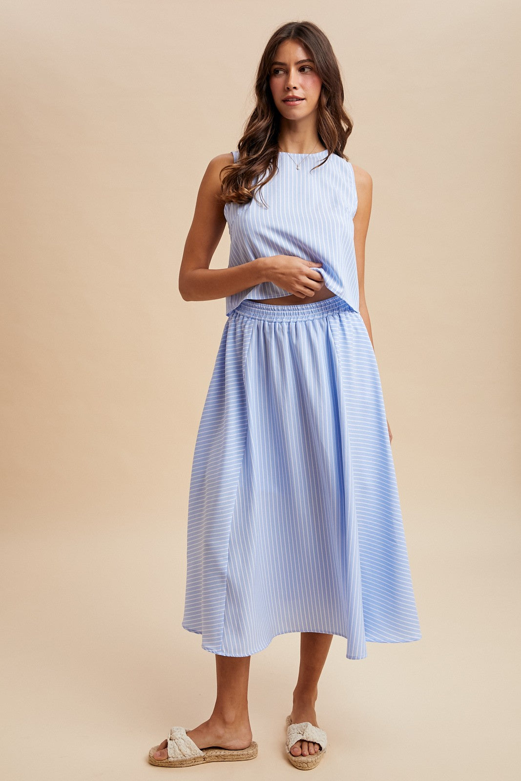 Stripe Sleeveless Top & Front Slit Midi Skirt Set (Sold Separately)