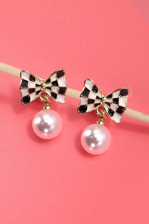 Checker Bow Pearl Drop Earrings