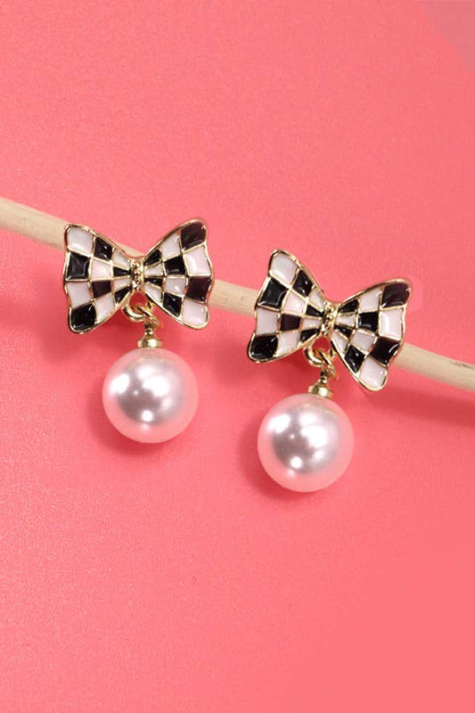Checker Bow Pearl Drop Earrings