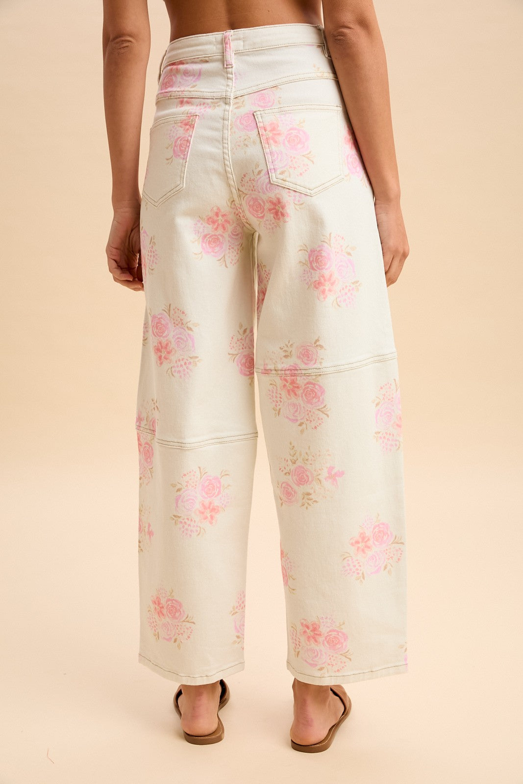 Romantic Floral Printed Denim Barrel Leg Pants