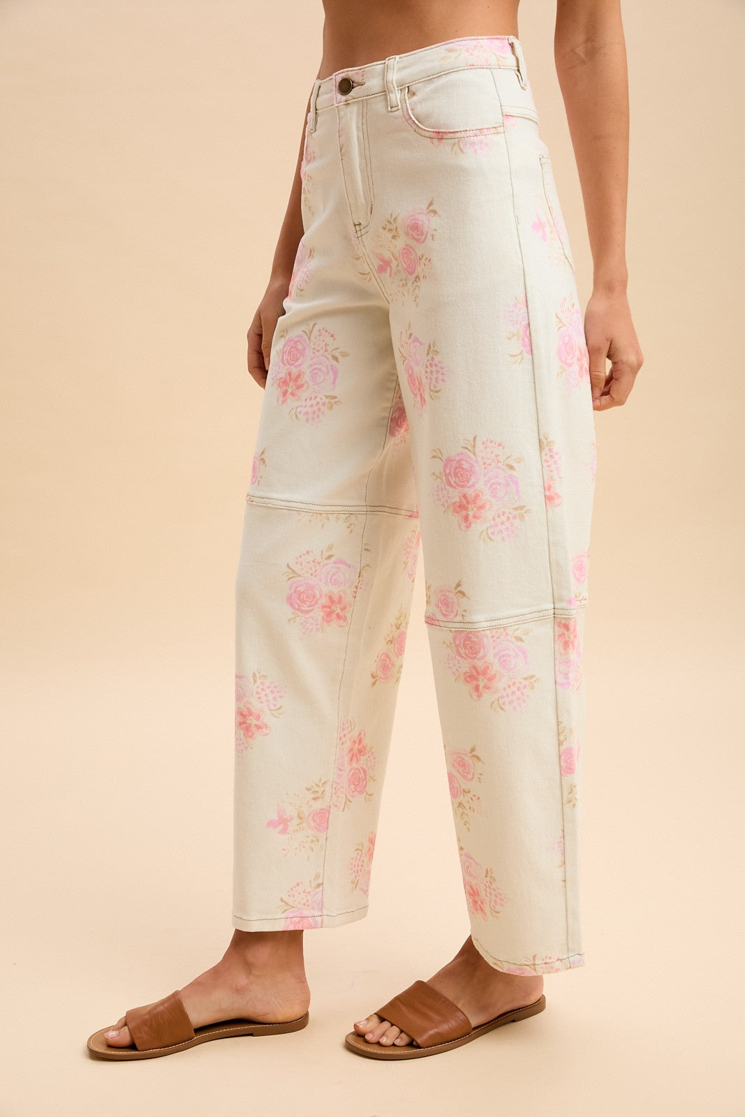Romantic Floral Printed Denim Barrel Leg Pants