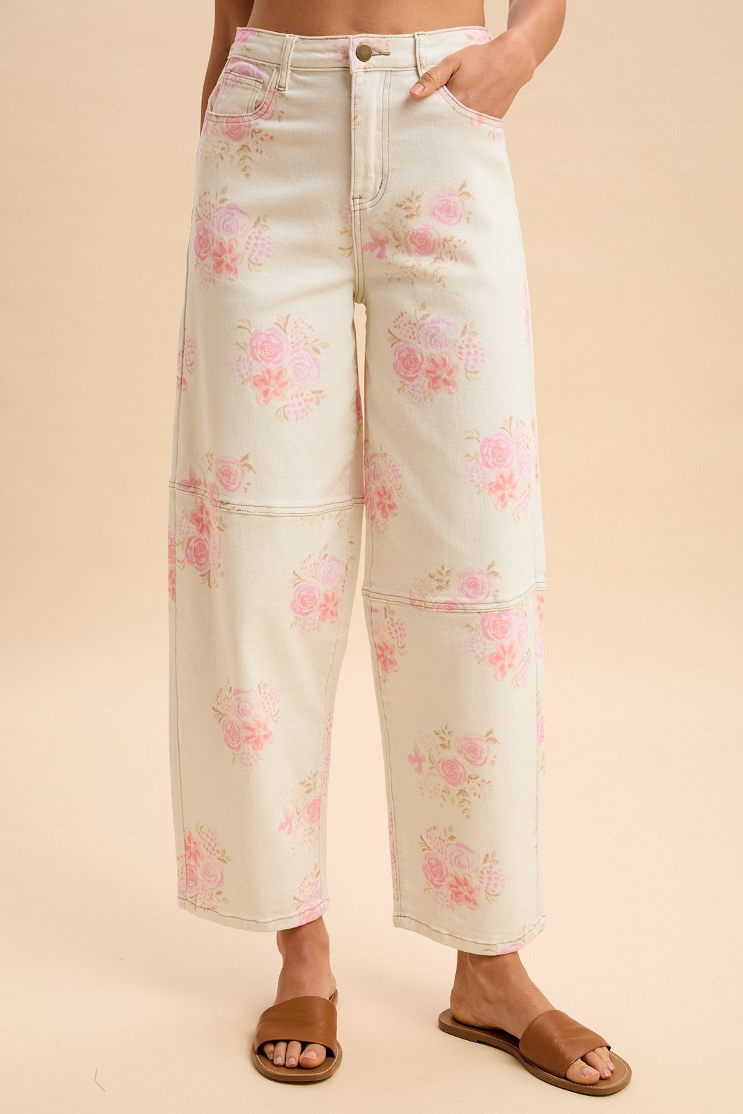 Romantic Floral Printed Denim Barrel Leg Pants