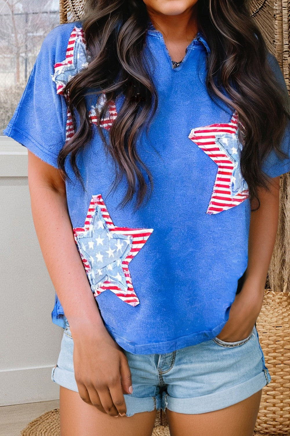 Flag Day Patriot Star Patched Mineral Washed Tee - Blue