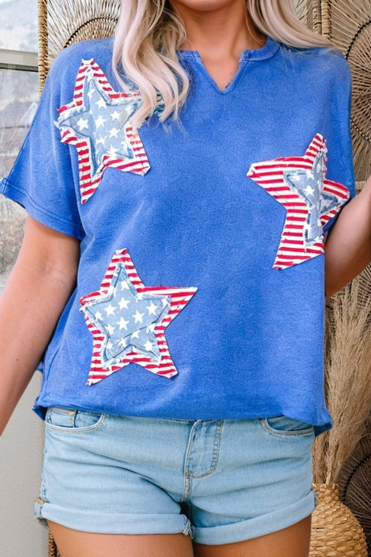 Flag Day Patriot Star Patched Mineral Washed Tee - Blue