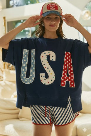 4th of July Polka Dot USA Lettered Patch Work Top