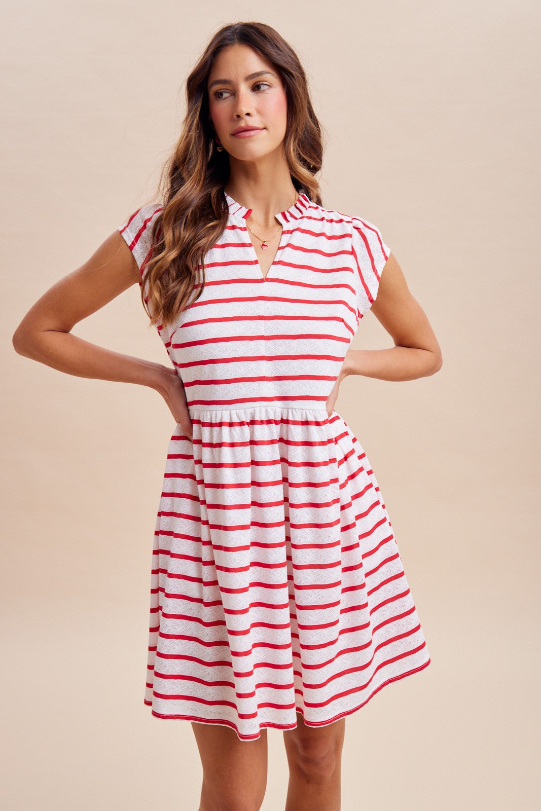 Stripe Knitted Lace Babydoll Mini Dress - Red