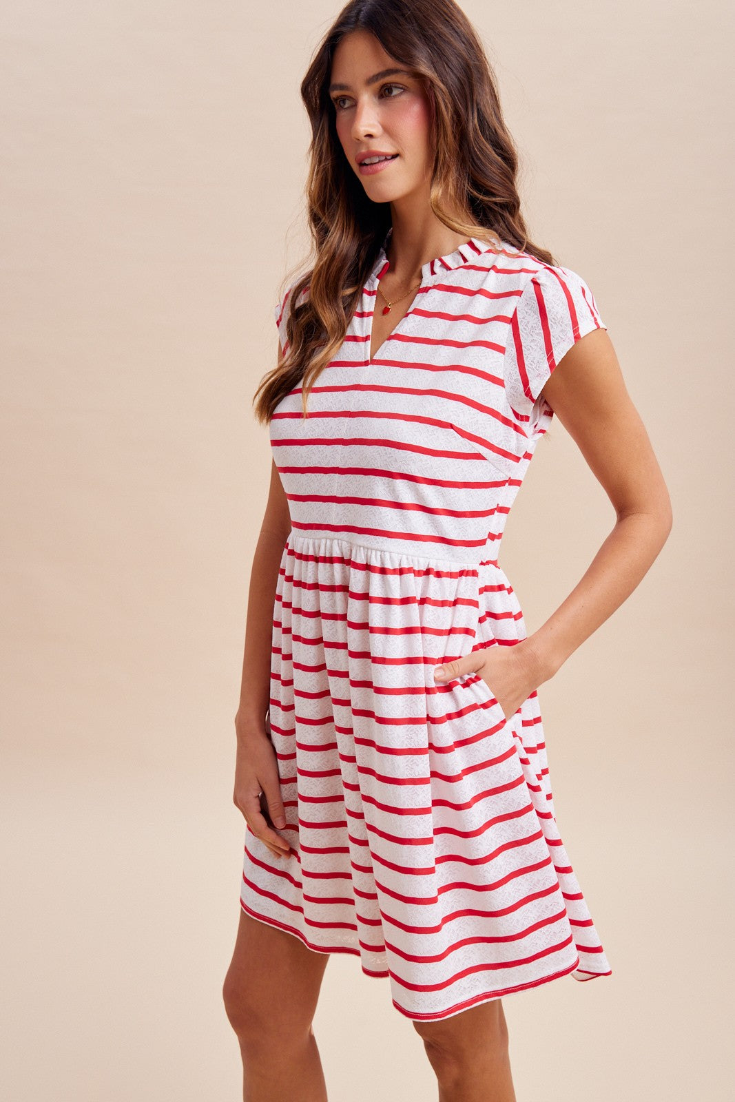 Stripe Knitted Lace Babydoll Mini Dress - Red