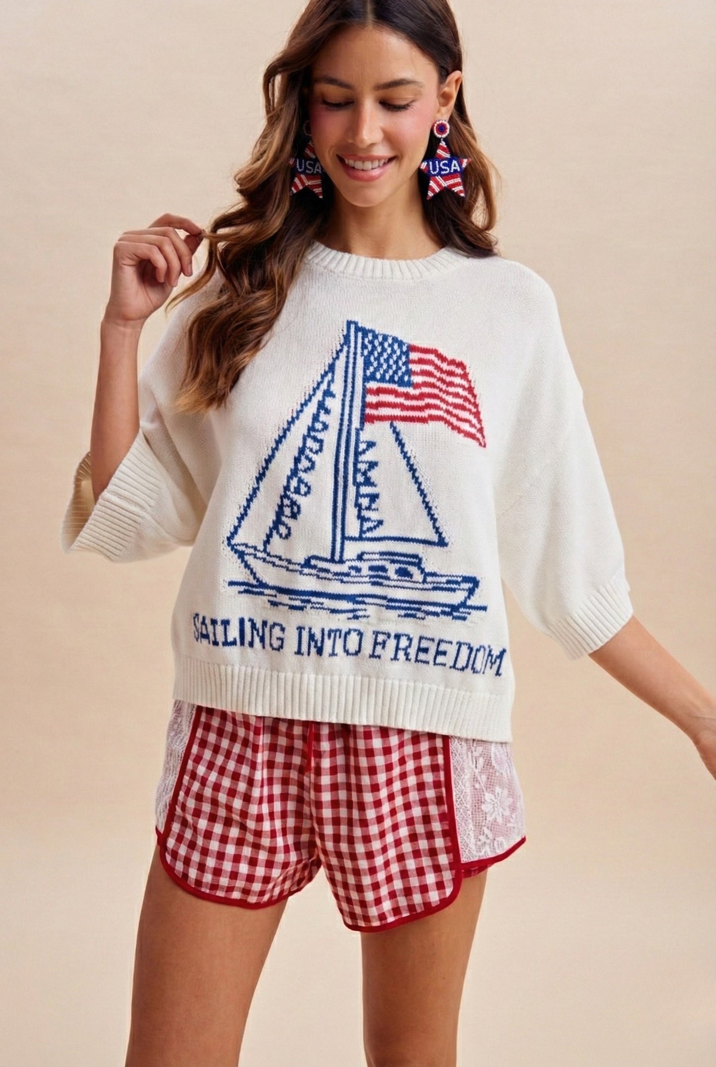 4th Of July Sailor Boat & USA Flag Graphic Sweater