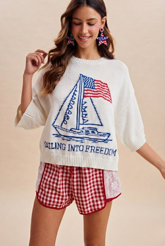 4th Of July Sailor Boat & USA Flag Graphic Sweater