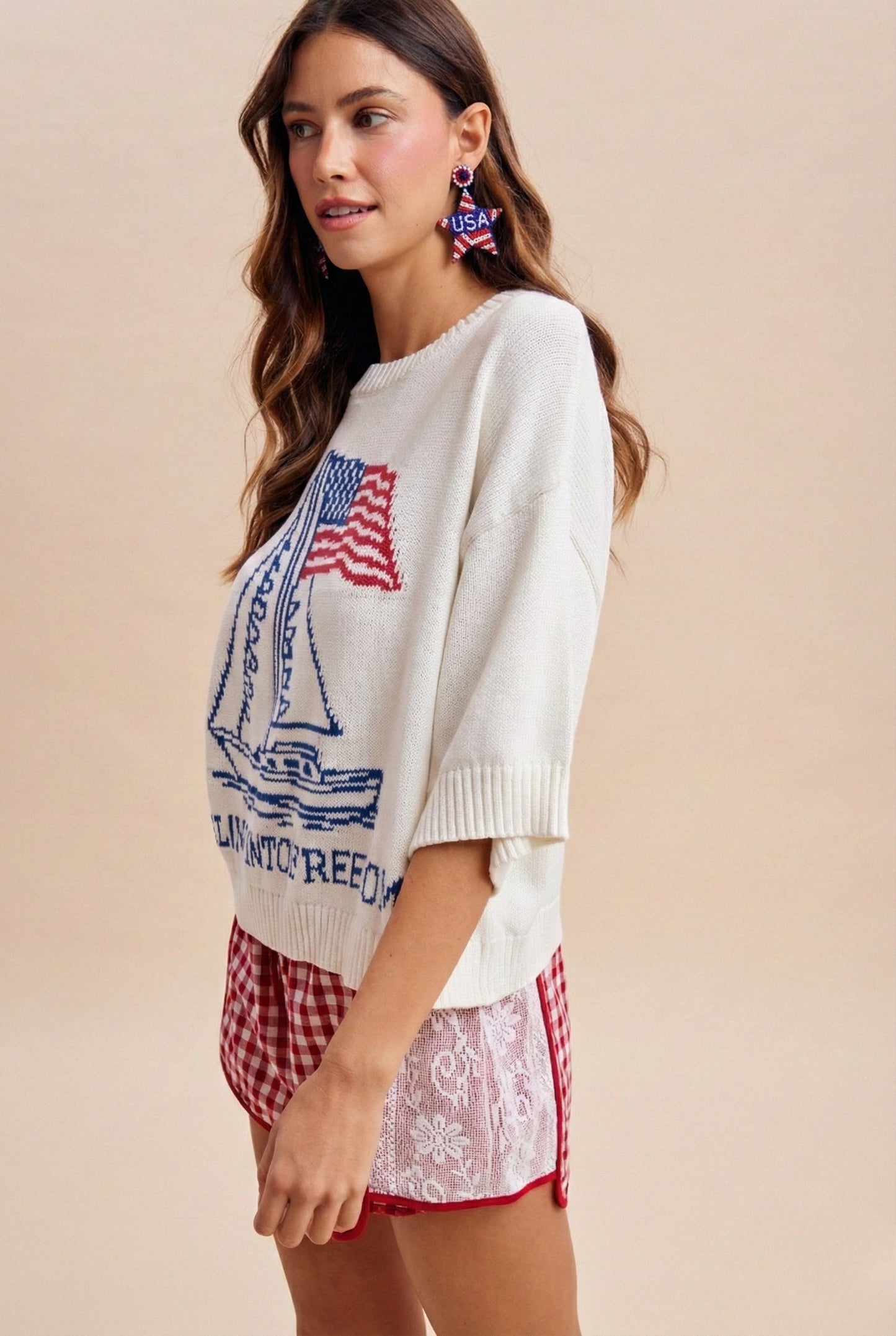 4th Of July Sailor Boat & USA Flag Graphic Sweater