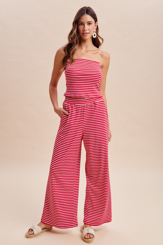 Striped Jersey Tube Top & Pants Set (Sold Seperately) - Red