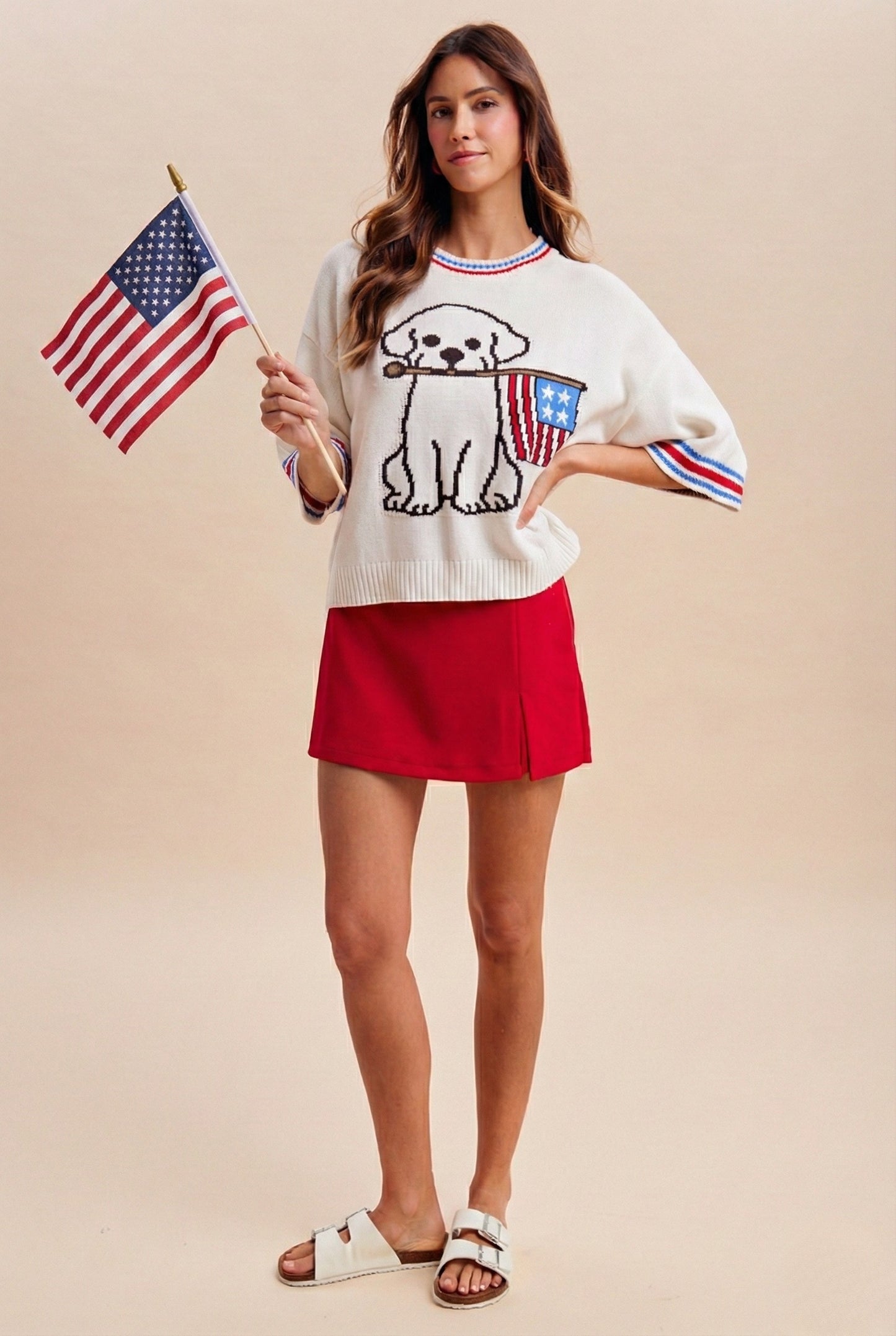 4th July American Flag Waving Dog Graphic Sweater
