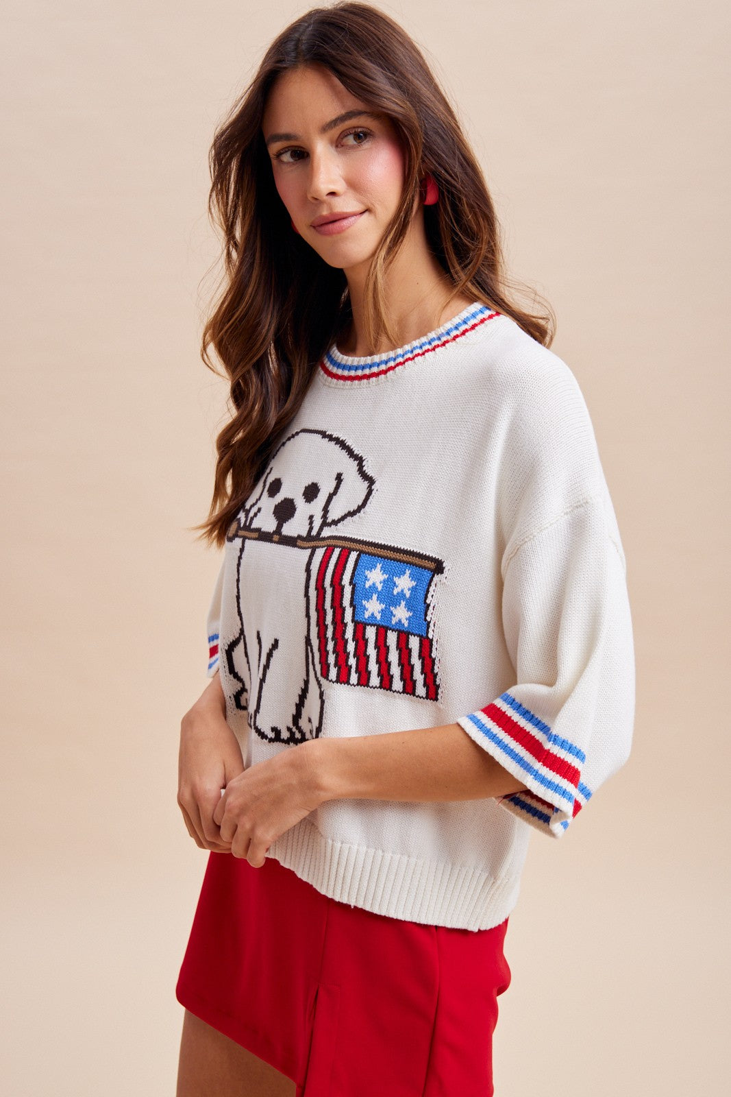 4th July American Flag Waving Dog Graphic Sweater