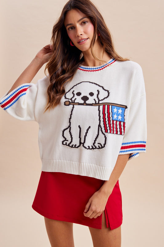 4th July American Flag Waving Dog Graphic Sweater