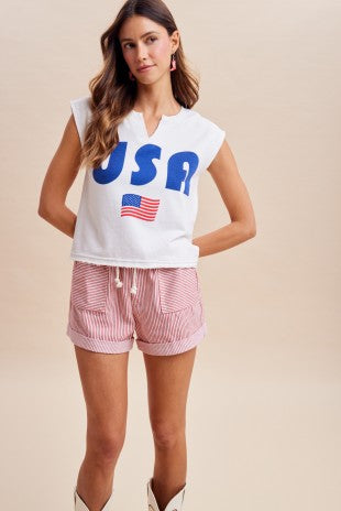 4th Of July Stripe Cotton Twill Mini Shorts - Red
