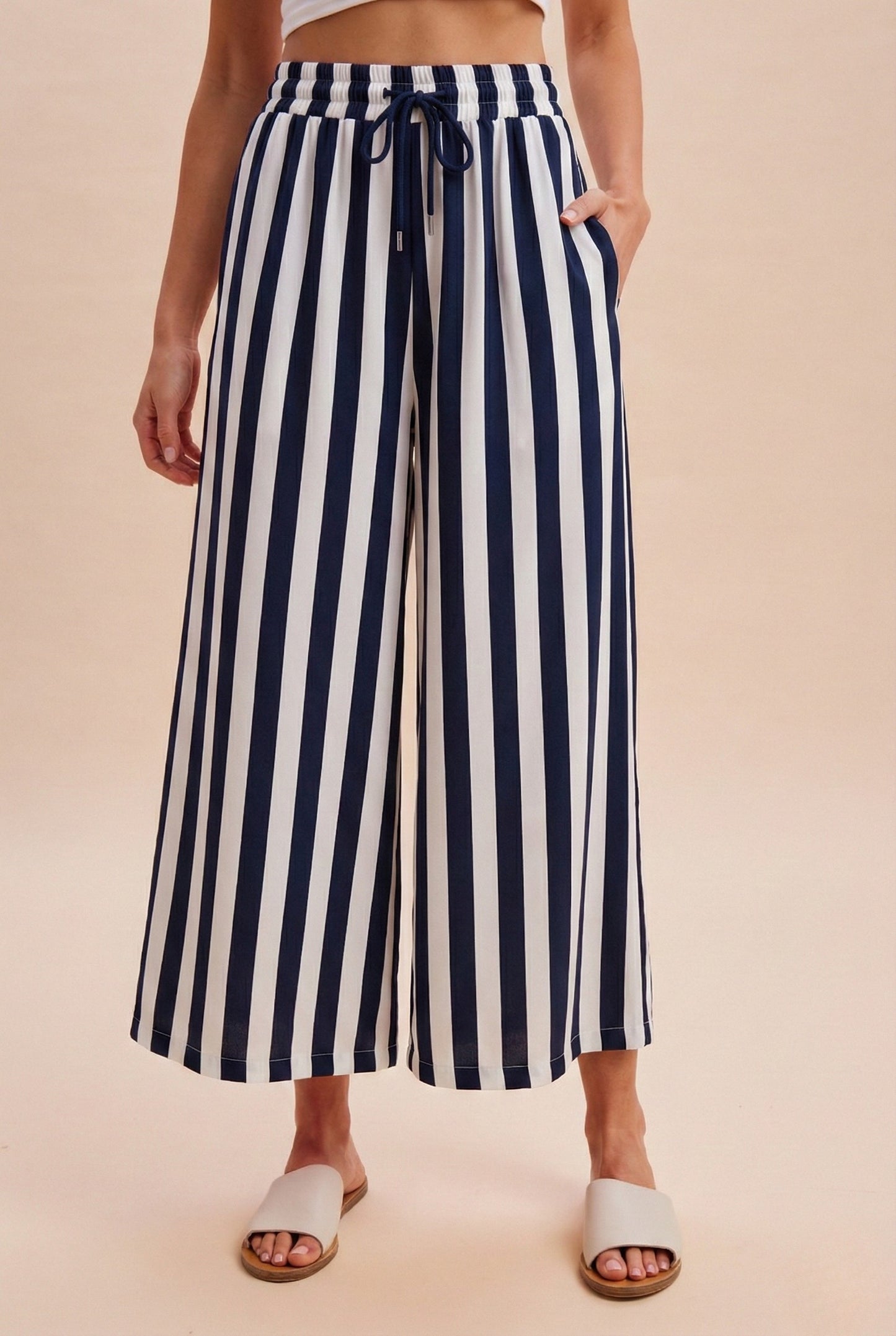 Vertical Striped Wide Leg Pants - Navy