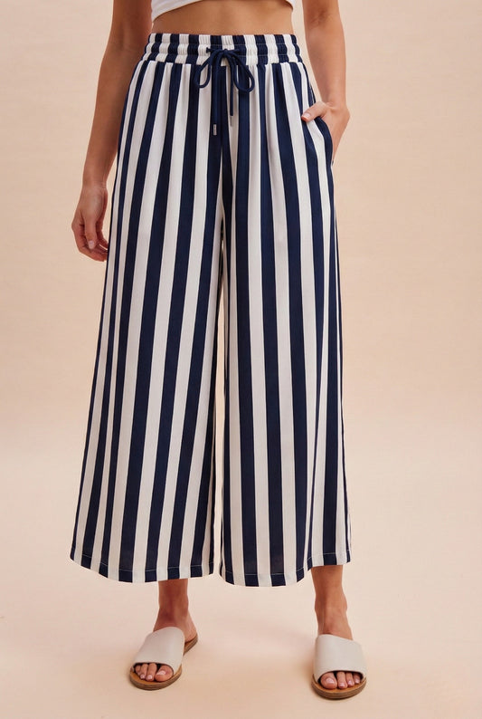 Vertical Striped Wide Leg Pants - Navy