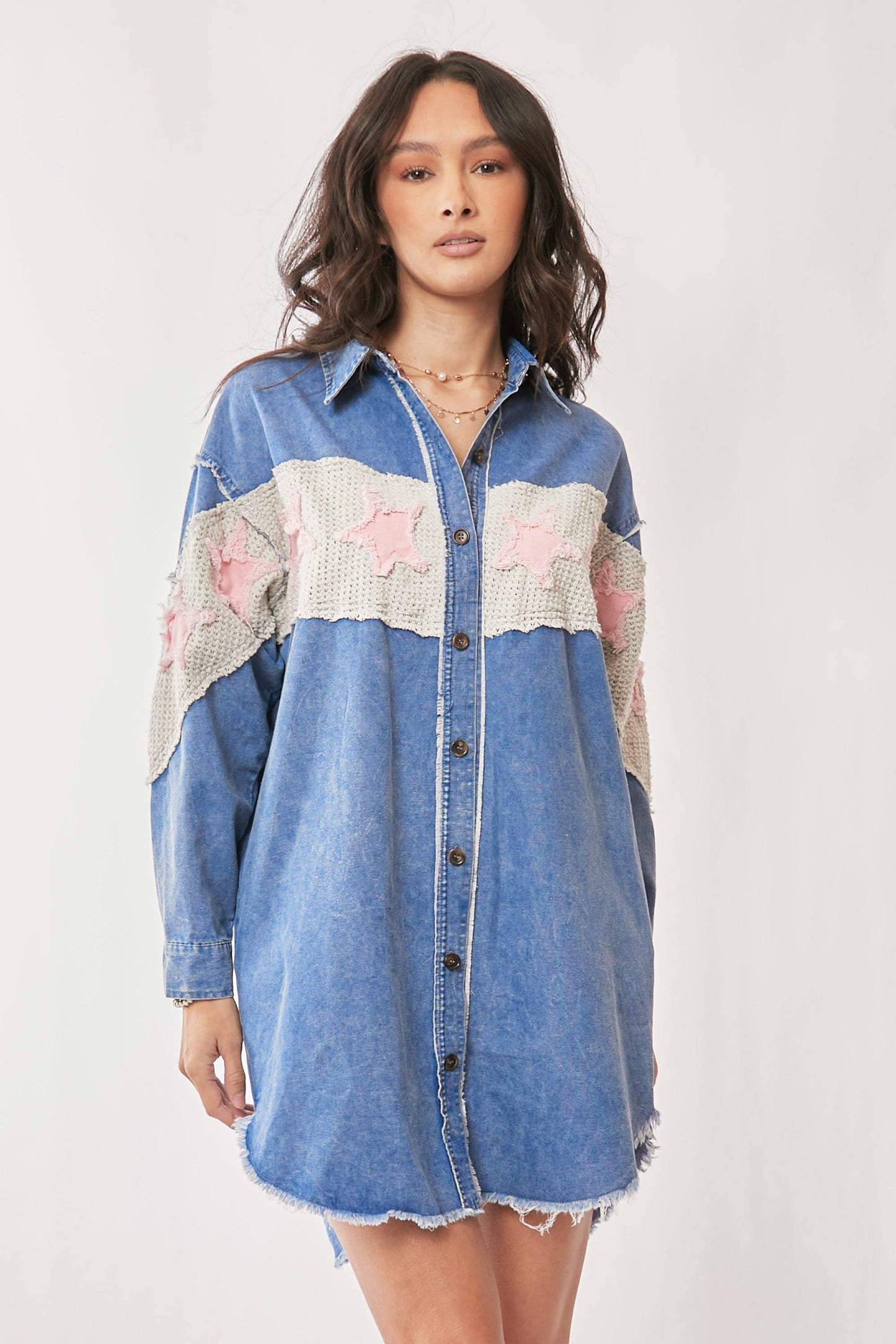Acid Washed Denim Star Patch Shirt Dress