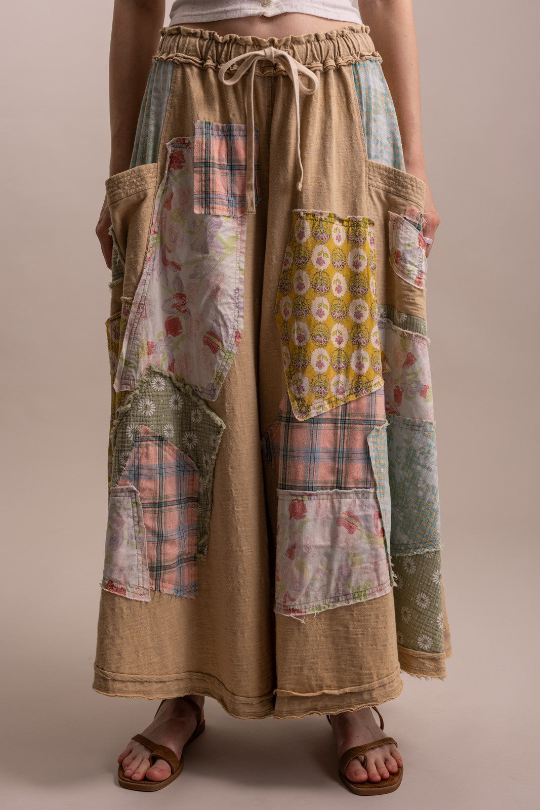 Wide Leg Patchwork Pants- Taupe