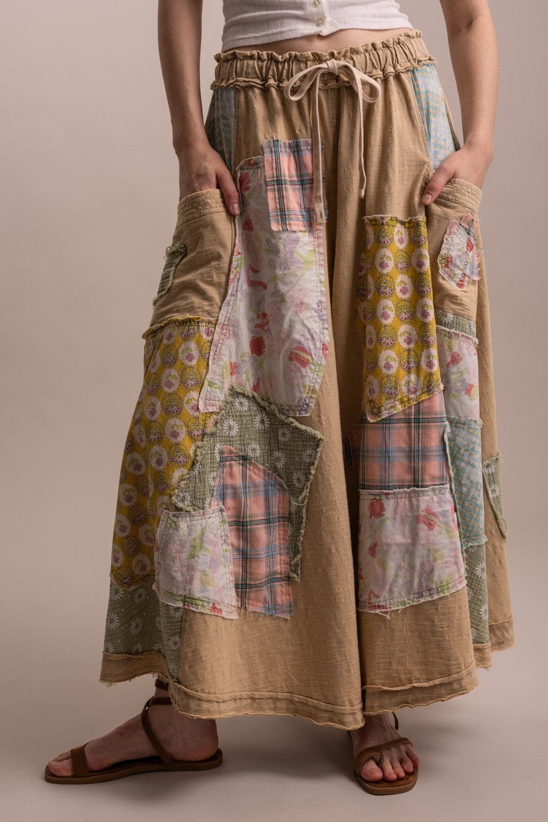 Wide Leg Patchwork Pants- Taupe