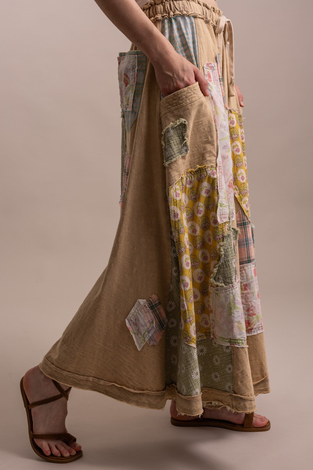 Wide Leg Patchwork Pants- Taupe