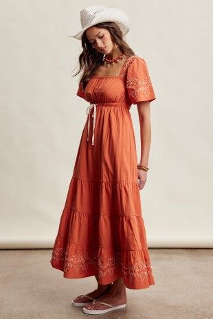 Embroidered Tiered Midi Dress - Ginger
