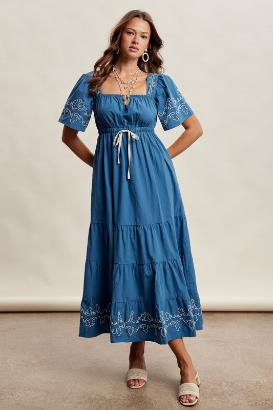 Embroidered Tiered Midi Dress - Teal