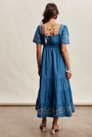 Embroidered Tiered Midi Dress - Teal