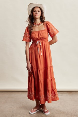 Embroidered Tiered Midi Dress - Ginger