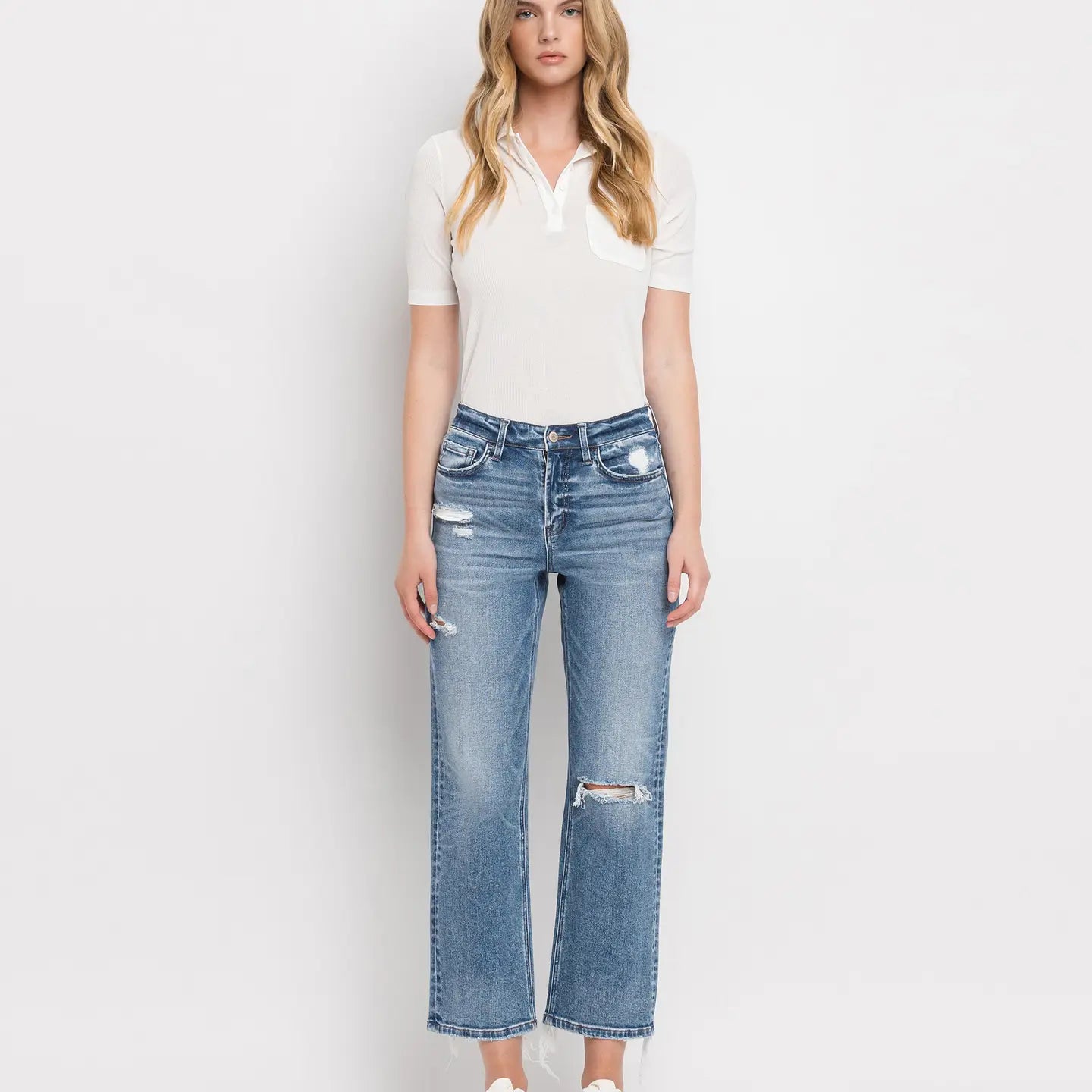 High Rise Distressed Hem Crop Straight Jeans