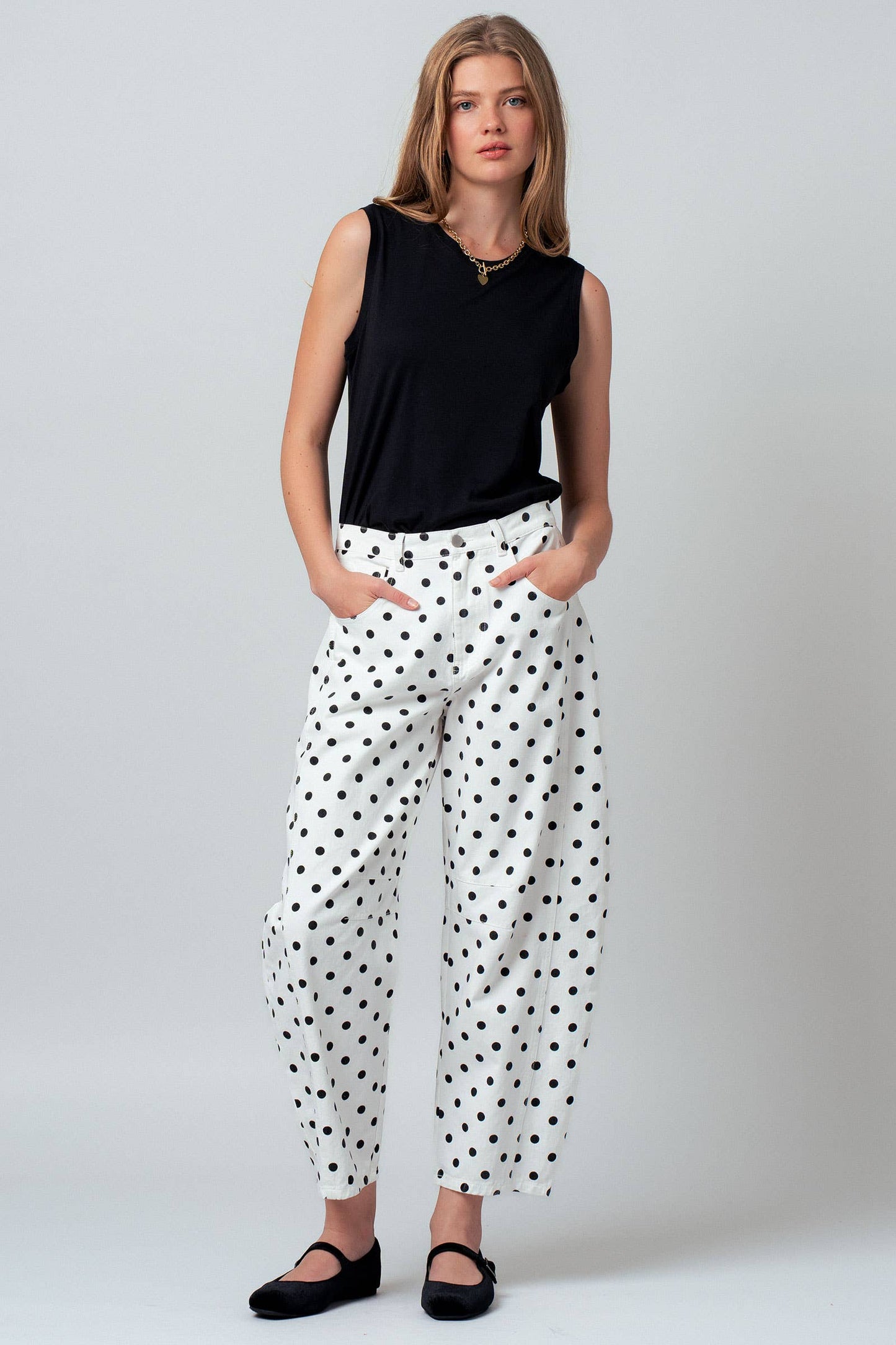 Polka Dot Print Cotton Barrel Leg Jeans