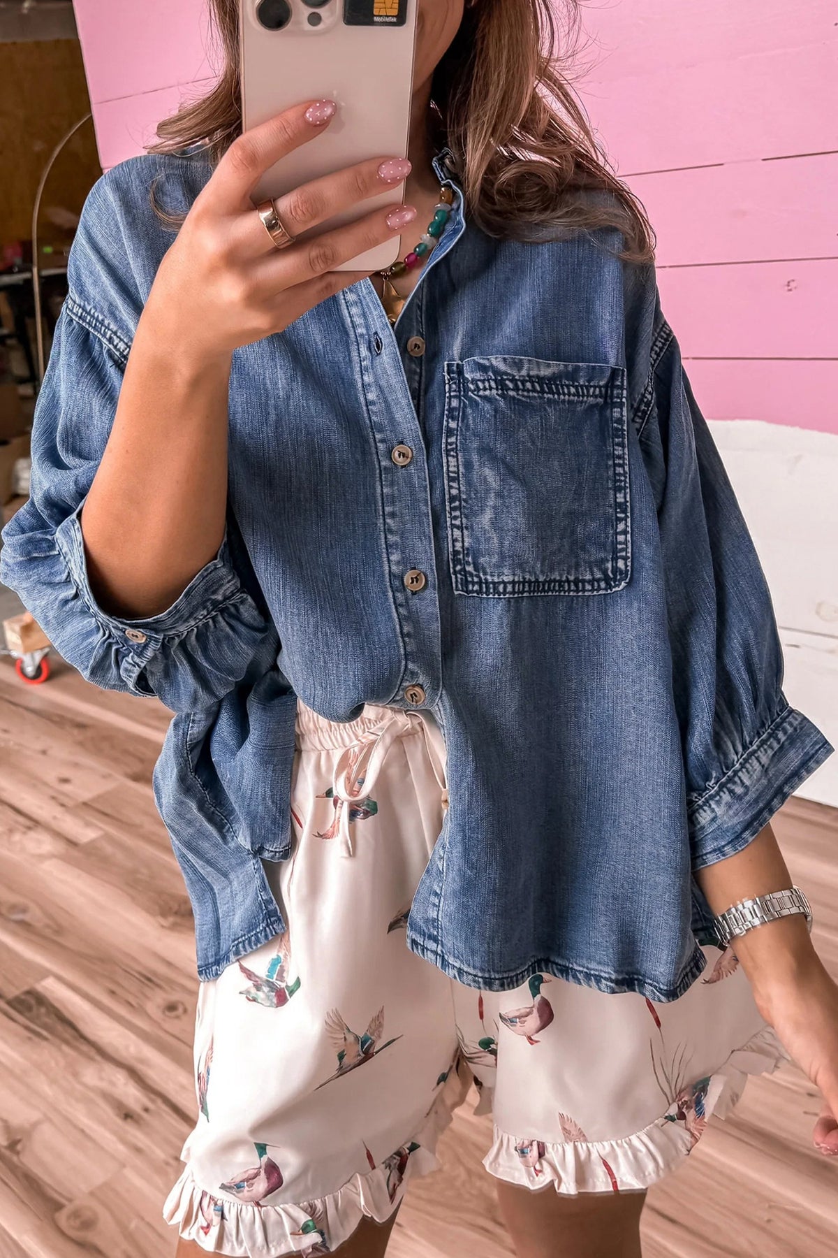 Three Quarter Sleeve Loose Denim Shirt