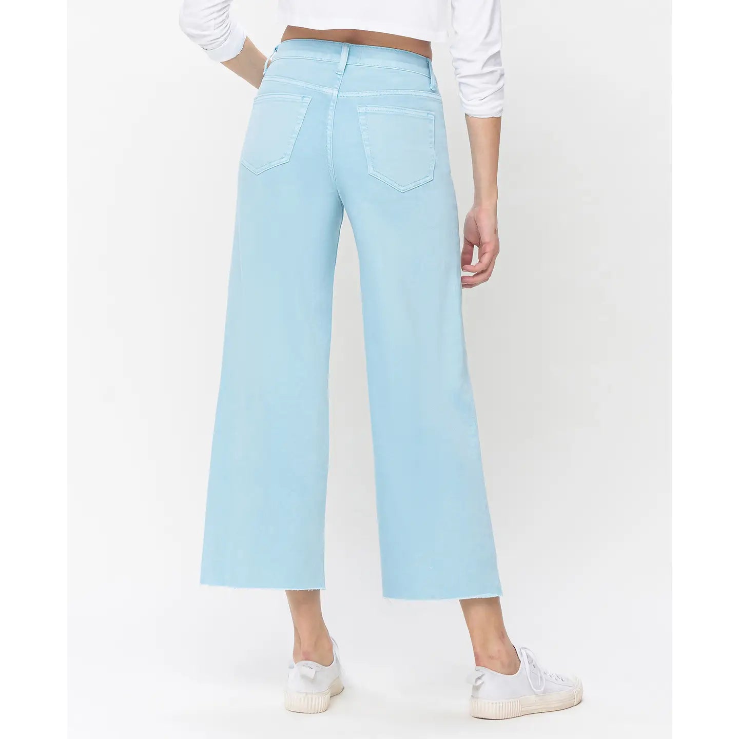 High Rise Clean Cut Raw Hem Wide Leg Jeans - Pastel Turquoise