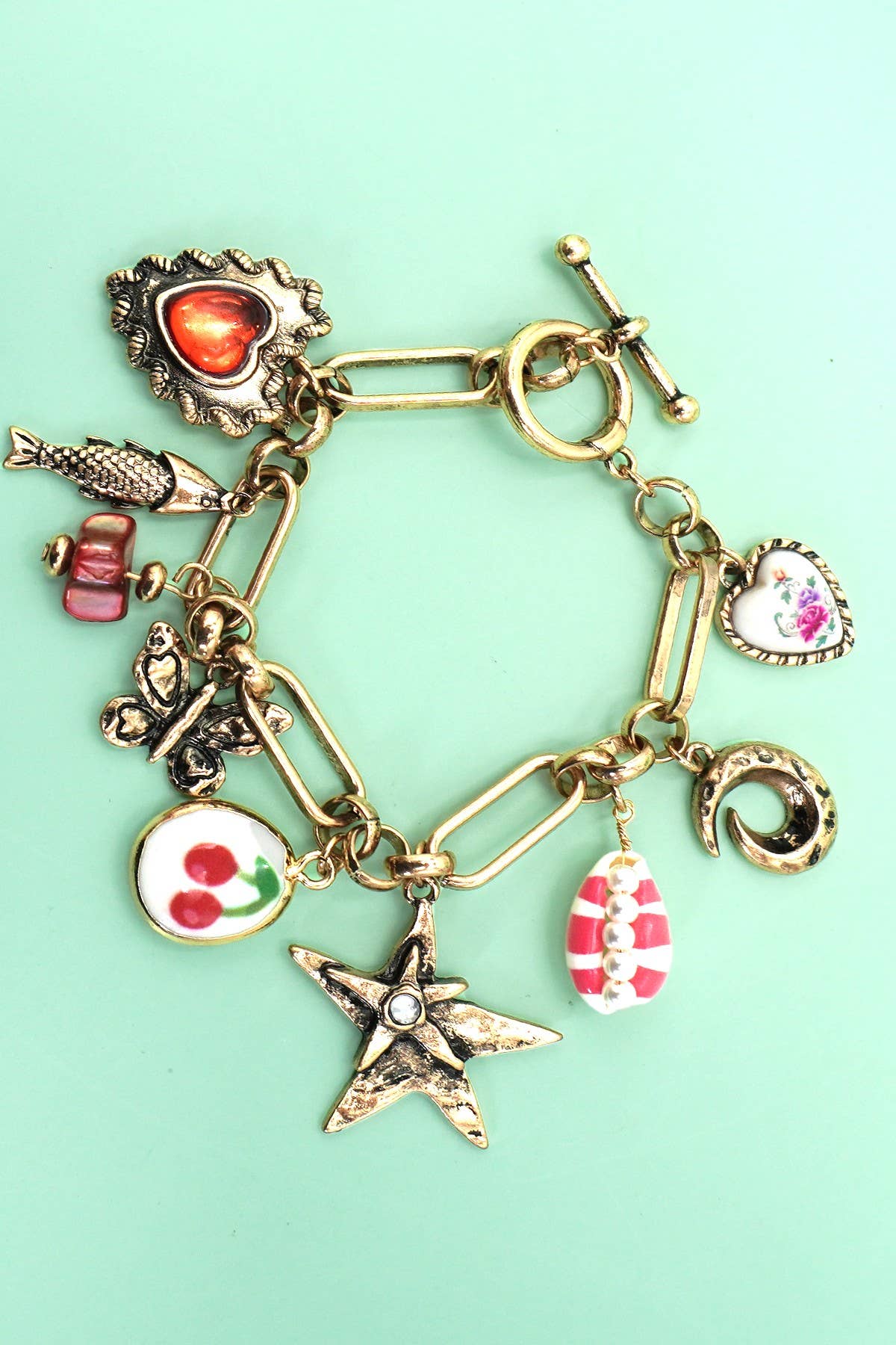 Charm Bracelet Porcelain Cherry Fish Heart