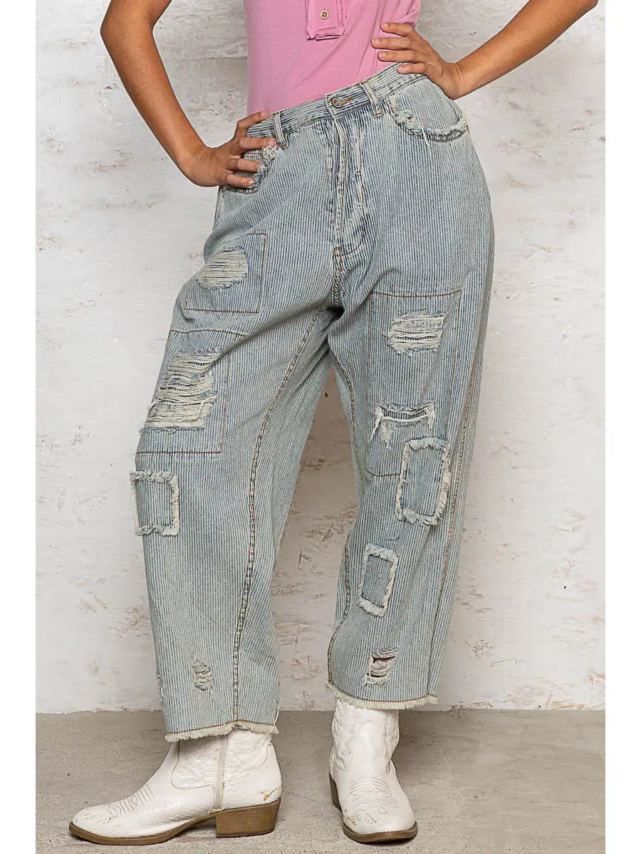 High Rise Patchwork Striped Boyfriend Jeans