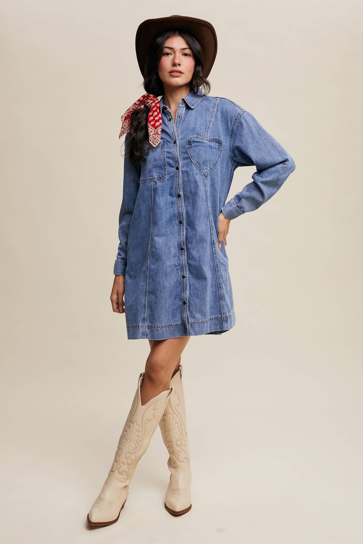 Denim Heart-Pocket Shirt Dress