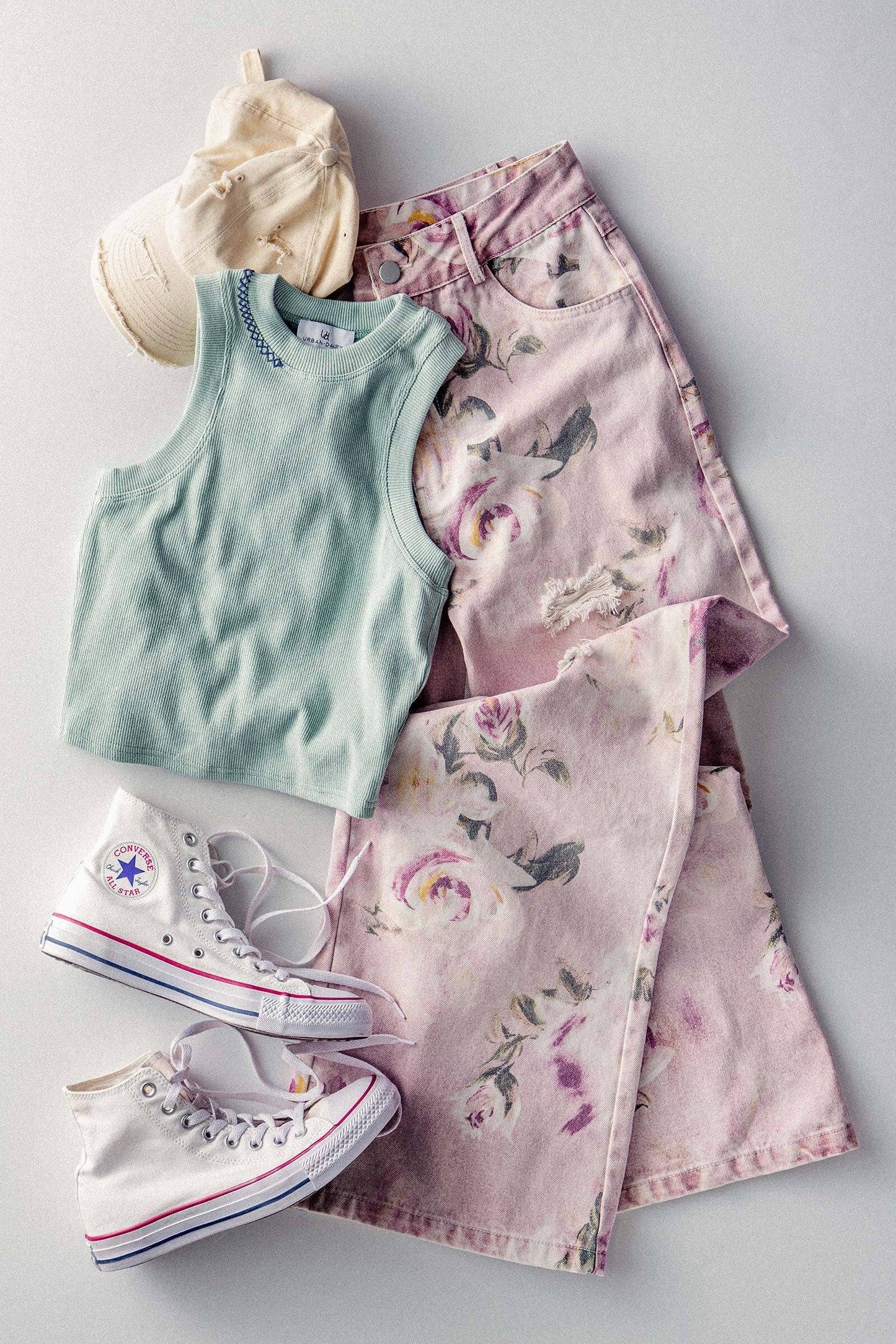 Romantic Rose Print High-Rise Denim Pants