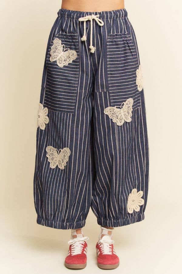 Lightweight Soft Denim Stripe Wide Barrel Pants - Denim Blue