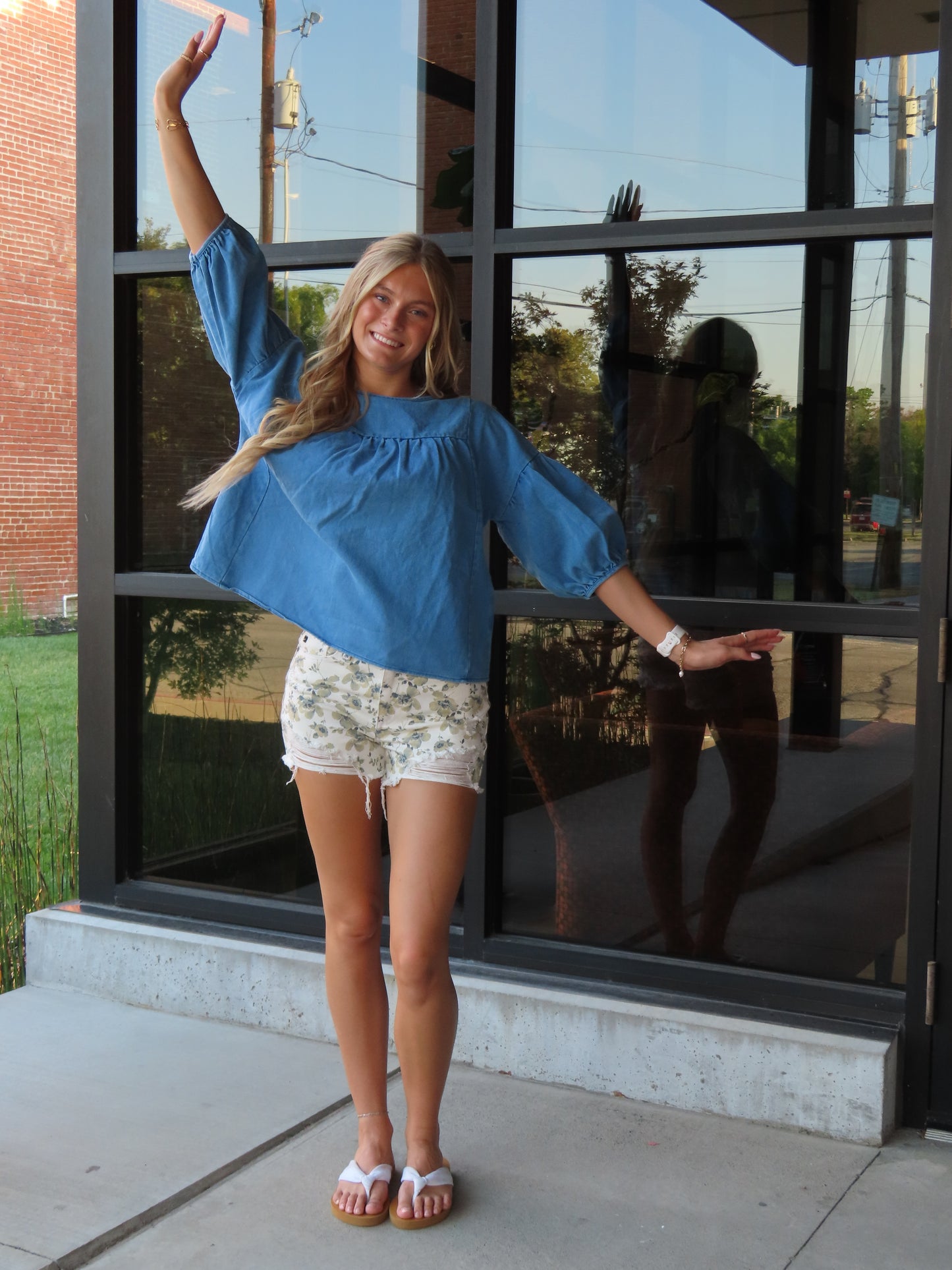 Blue Denim Solid Short Sleeve Top
