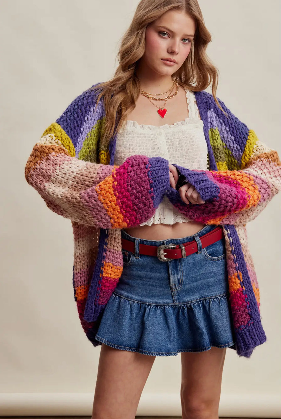 Rainbow Hand-Crochet Open Cardigan