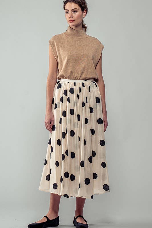 Polka Dot Elastic Waist Midi Skirt