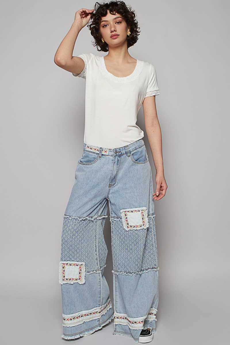 Vintage Washed Floral Patch Detail Straight Pants