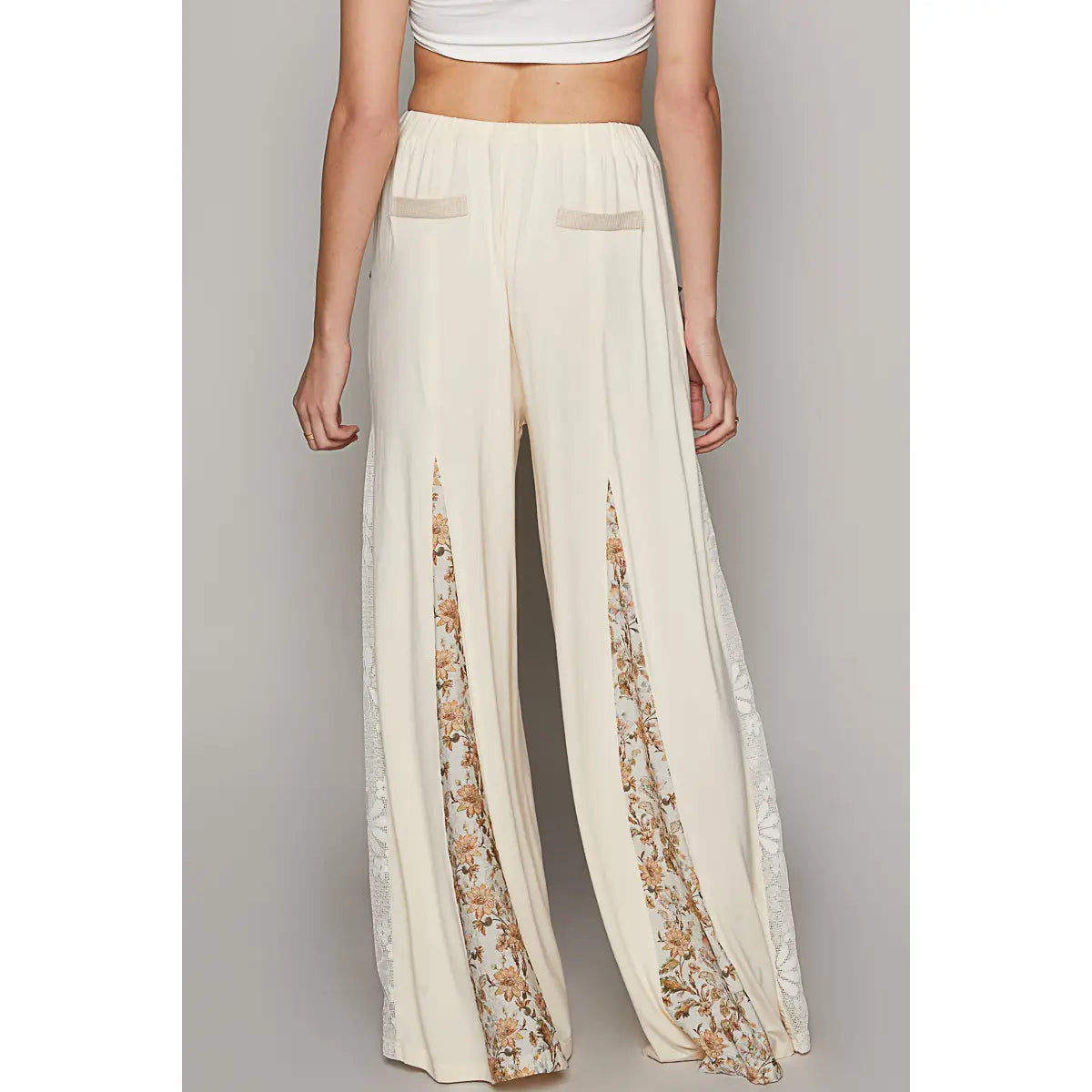 Lace Printed Fabric Contrast Wide Leg Pants - Cream