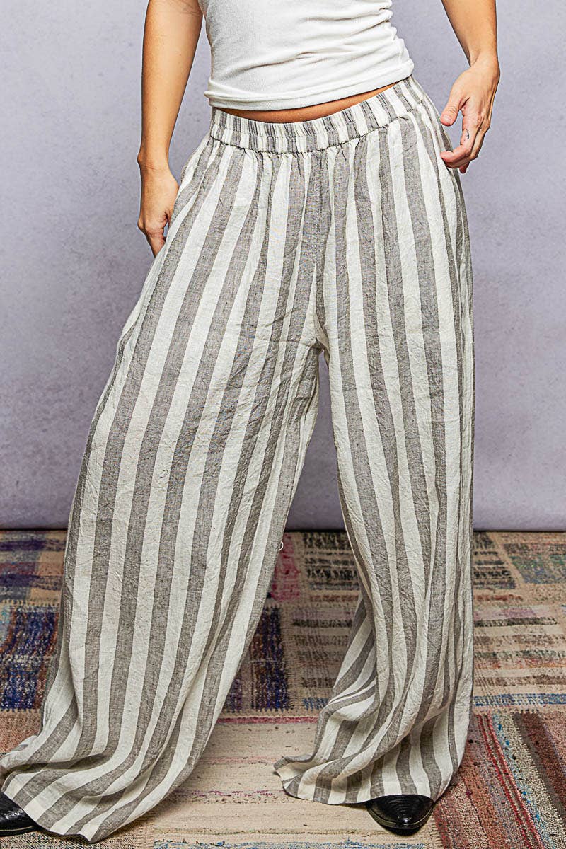 Stripe Pattern Elastic Waist Band Linen Woven Wide Pants