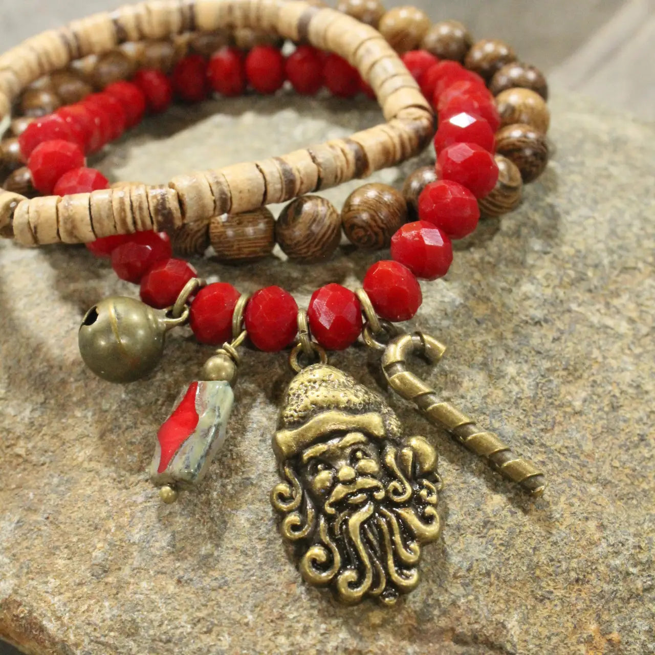 Czech Stone & Bronze Santa Stretch Bracelet Set